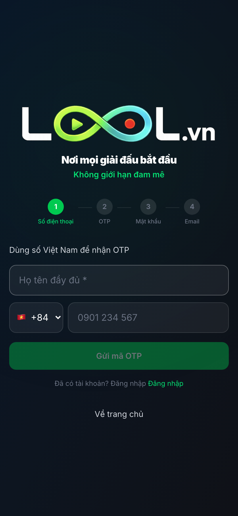 Màn đăng ký LOOL với ô nhập số điện thoại
