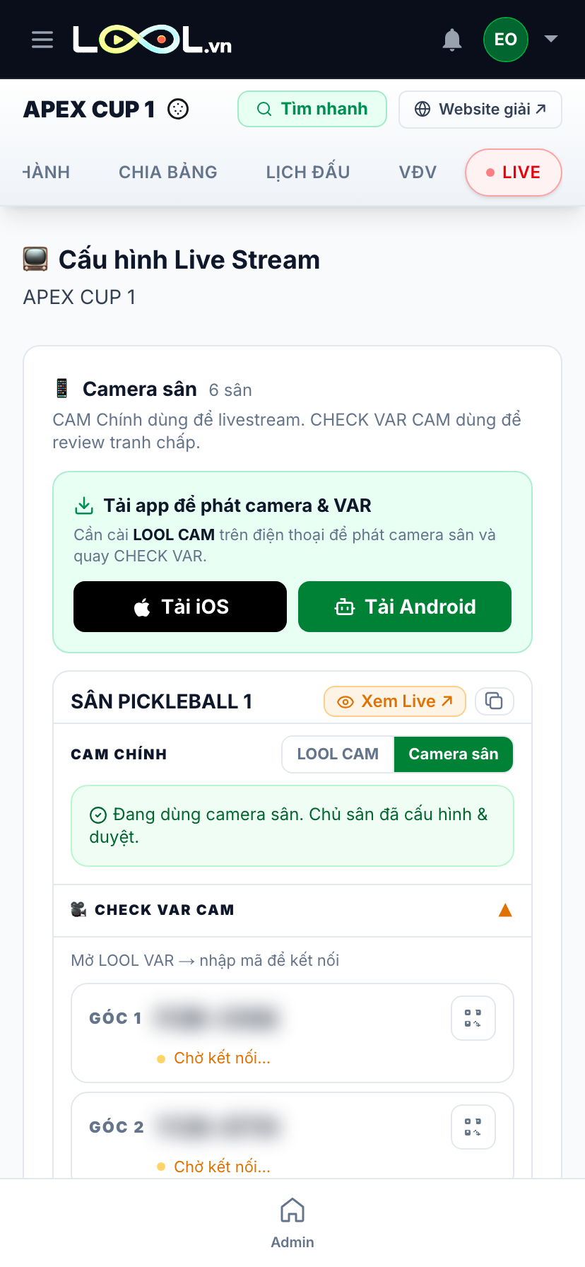 Mục CHECK VAR CAM đã mở, hiện Góc 1 và Góc 2 với mã riêng và trạng thái Chờ kết nối