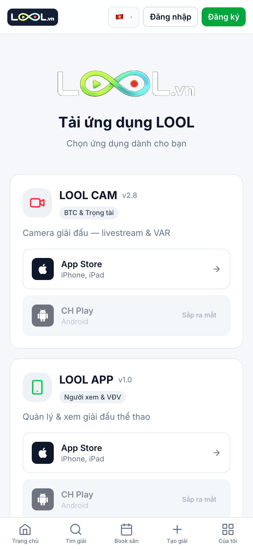 Trang tải ứng dụng LOOL với hai thẻ LOOL CAM và LOOL APP
