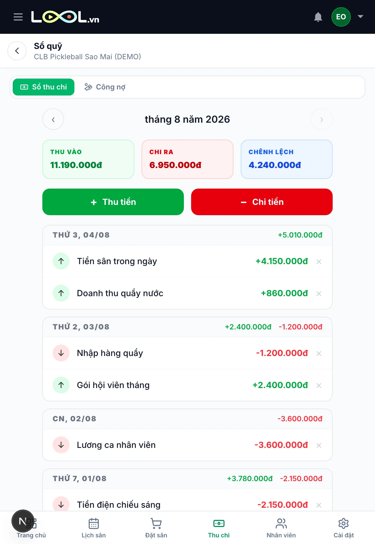 Sổ quỹ thu chi theo ngày với tổng thu, tổng chi và chênh lệch